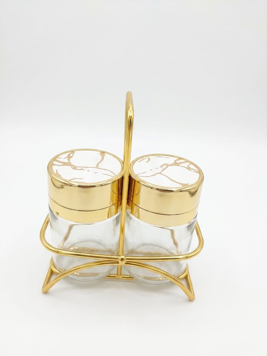 2-Jar Glass Condiment & Salt Pepper Set with Marble Lids & Gold Wire Stand