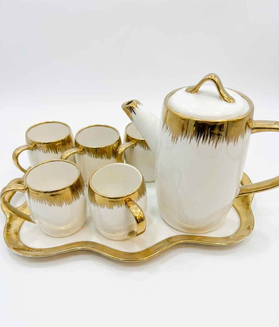 Gold and white ceramic coffee tea set with teapot, 4 mugs and decorative tray