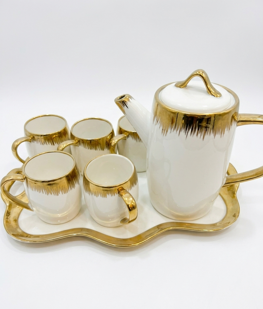 Gold and white ceramic coffee tea set with teapot, 4 mugs and decorative tray