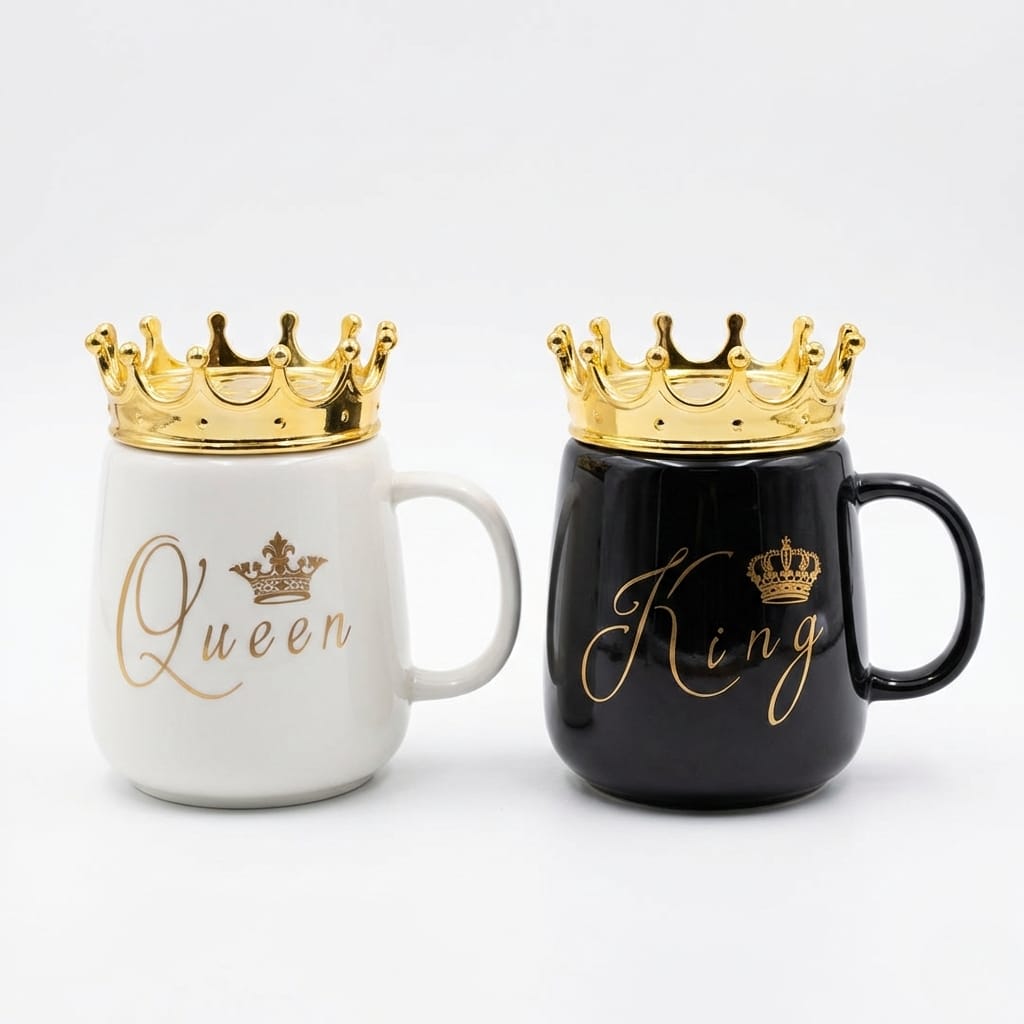 King & Queen Couple Ceramic Mug Set with Gold Crown Lids