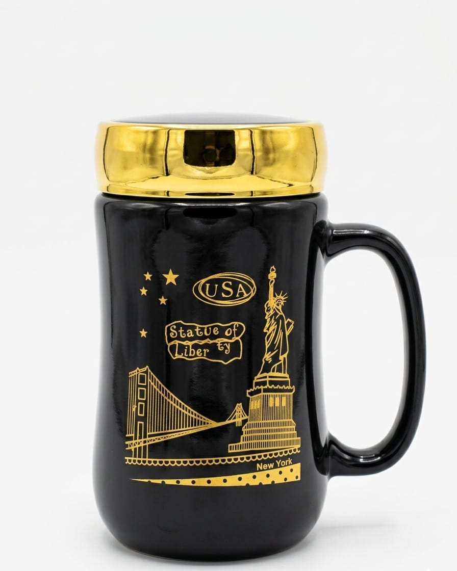 USA Statue of Liberty Ceramic Mug with Gold Lid
