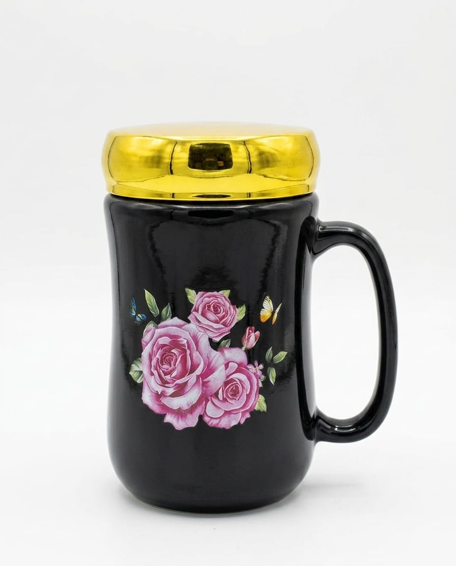 Black Rose Floral Ceramic Mug with Gold Lid