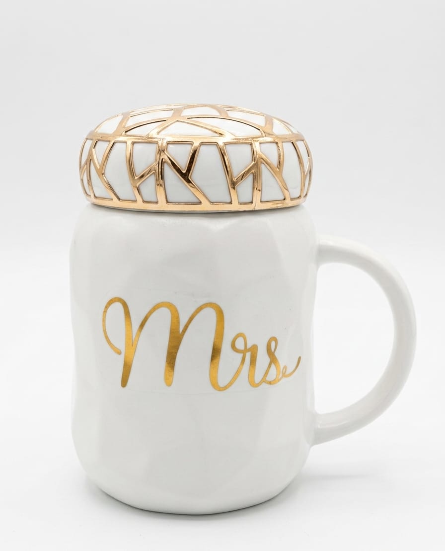 Mrs. Ceramic Mug with Gold Geometric Lid
