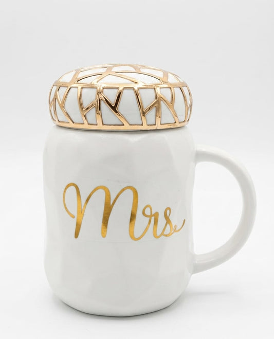 Mrs. Ceramic Mug with Gold Geometric Lid