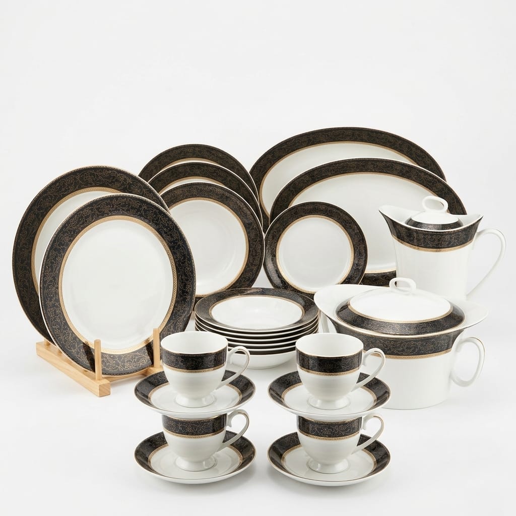 61 Pc Royal Black & Gold Bone China Dinner Set – Made in China