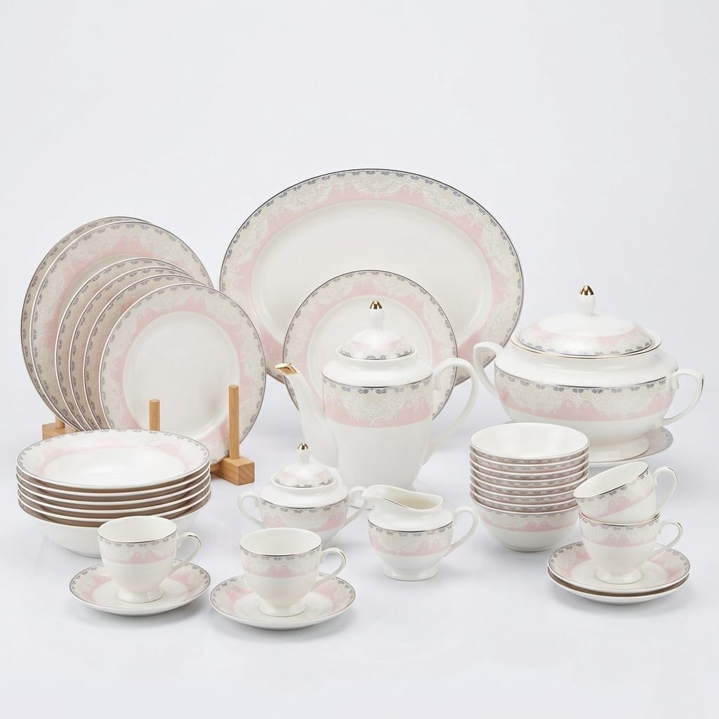 61 Pc Pink Blossom Silver Bone China Dinner Set – Premium Quality