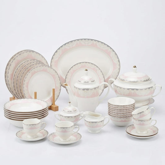 61 Pc Pink Blossom Silver Bone China Dinner Set – Premium Quality