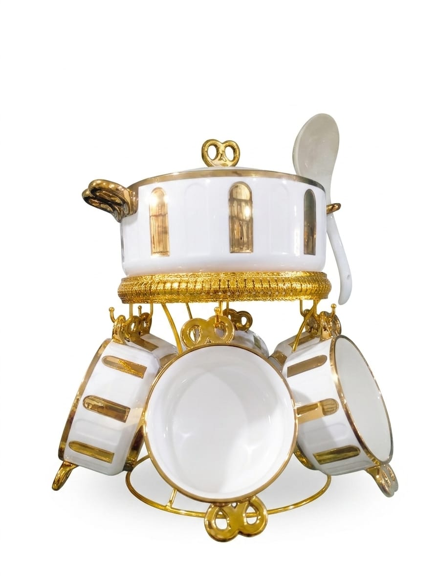 Luxury Gold & White Ceramic Soup Set – 16 Pieces