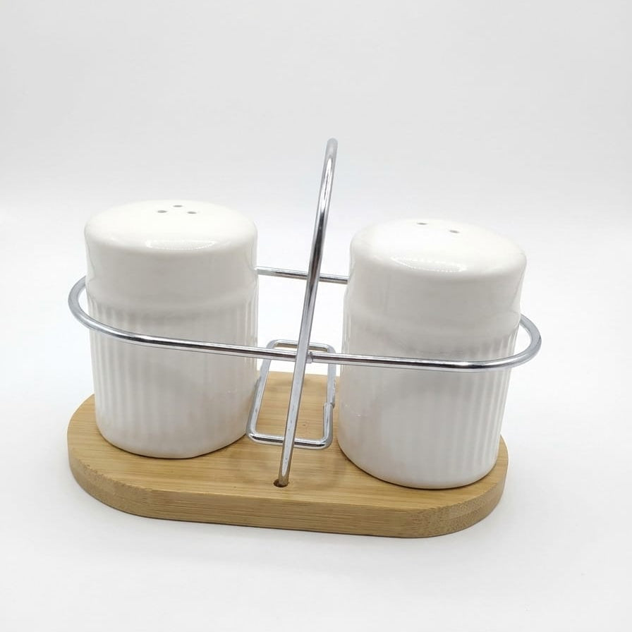 White Ceramic Salt & Pepper Set with Steel Rack & Bamboo Base