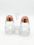 Crystal Glass Salt & Pepper Shaker Set with Rose Gold Lids & Acrylic Stand