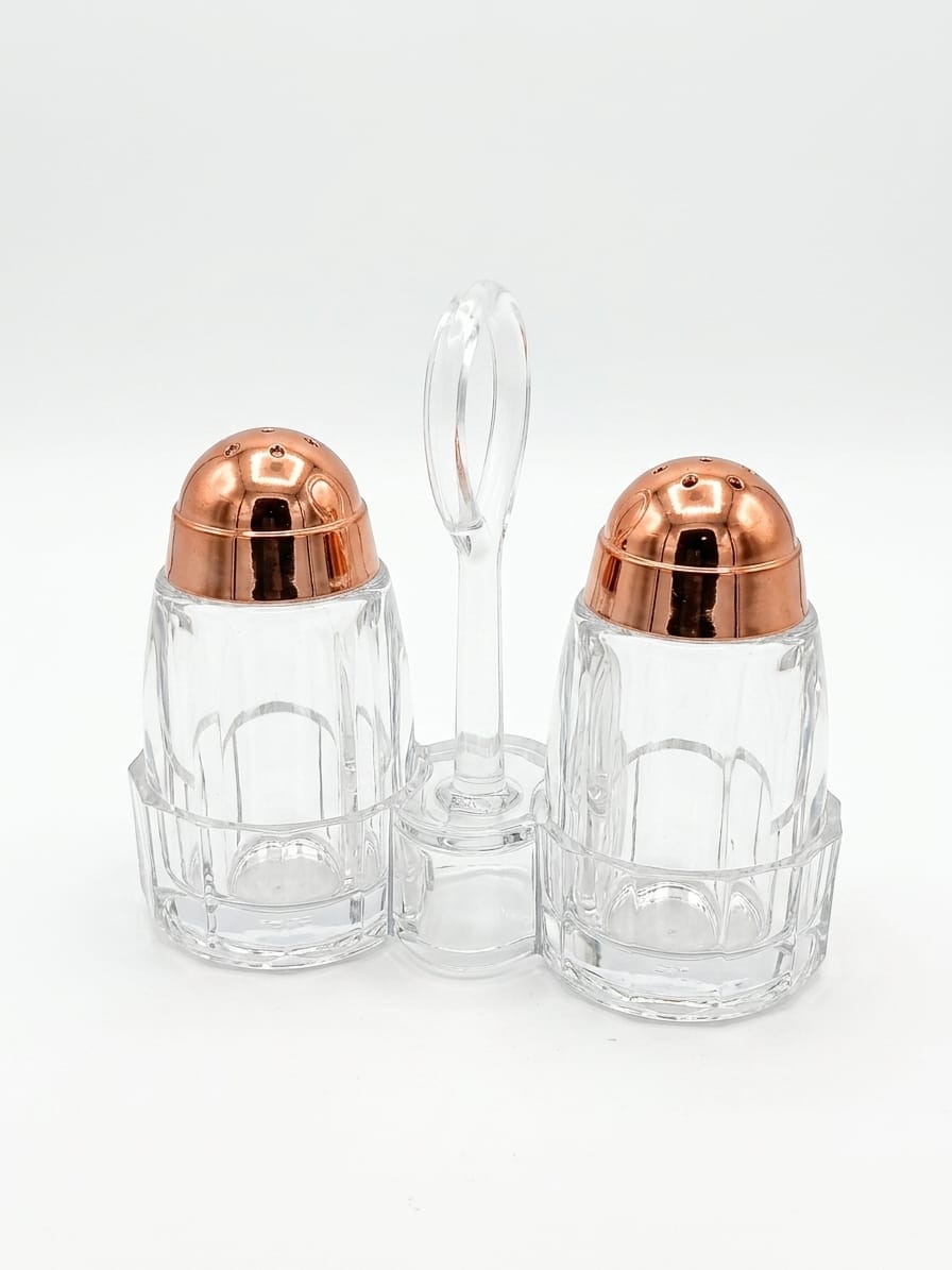 Crystal Glass Salt & Pepper Shaker Set with Rose Gold Lids & Acrylic Stand