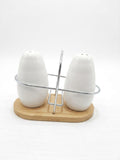 Oval White Ceramic Salt & Pepper Shaker Set with Chrome Rack & Bamboo Base