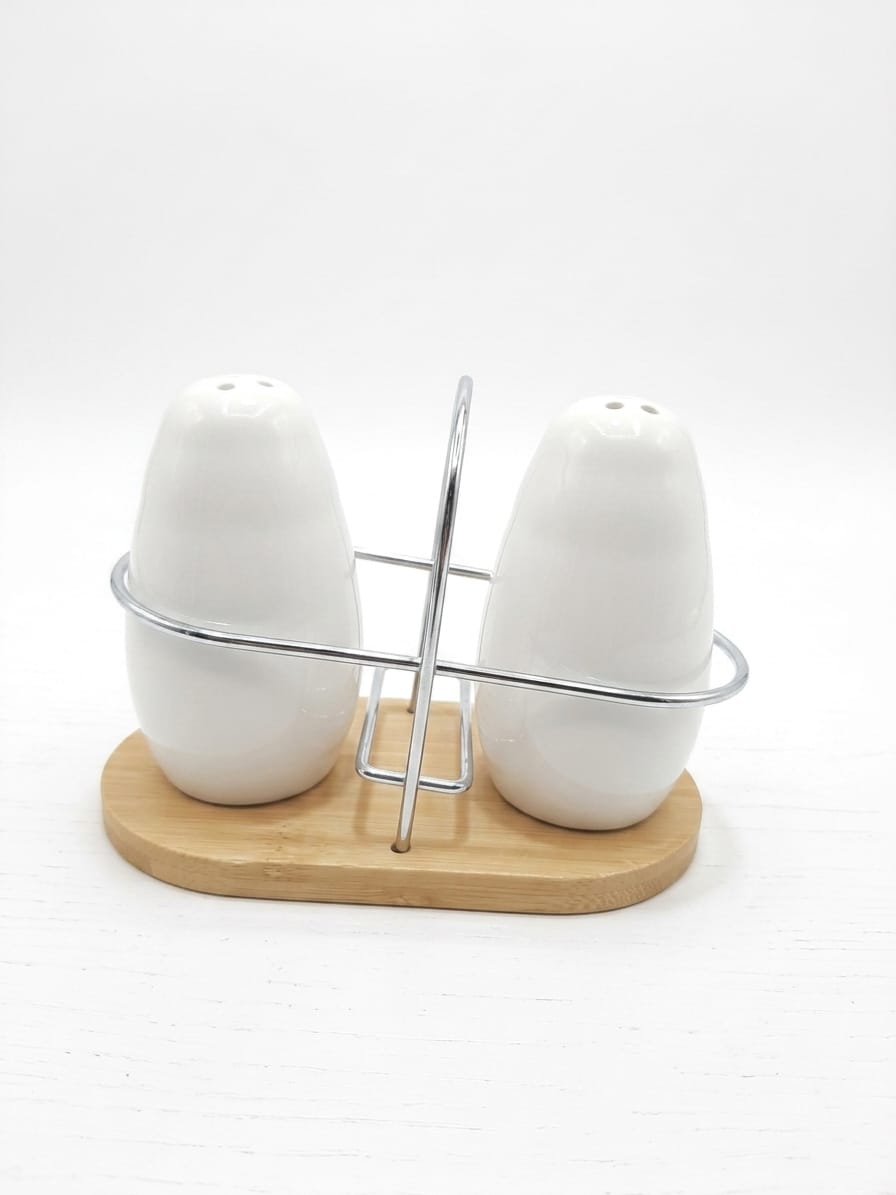 Oval White Ceramic Salt & Pepper Shaker Set with Chrome Rack & Bamboo Base