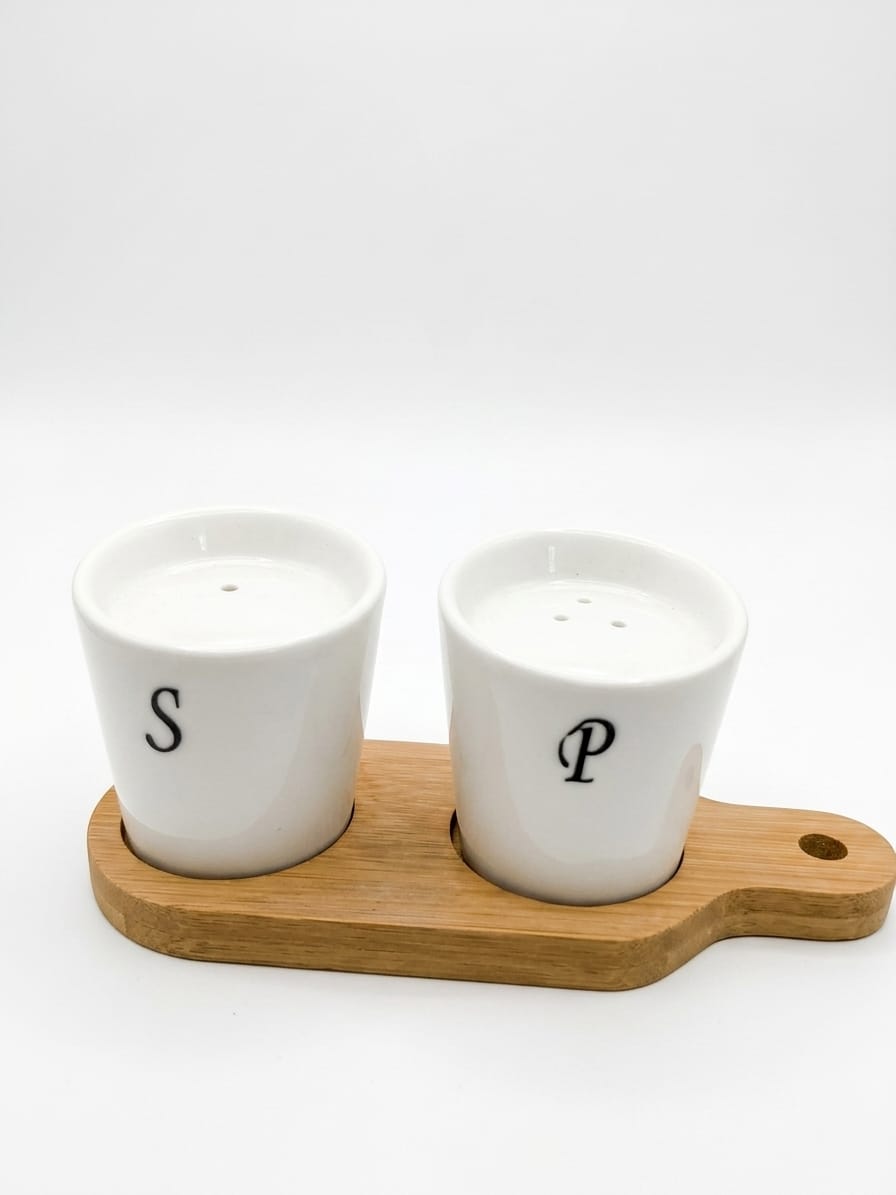 Minimalist White Ceramic Salt & Pepper Set with Bamboo Tray