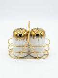 Gold & White Ceramic Salt & Pepper Shaker Set with Gold Stand