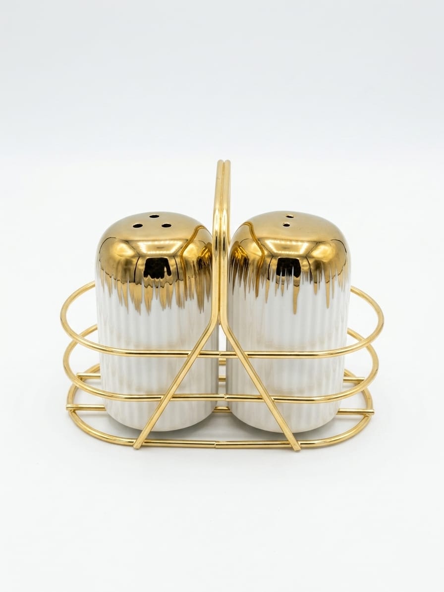 Gold & White Ceramic Salt & Pepper Shaker Set with Gold Stand
