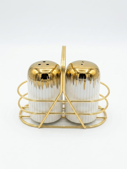 Gold & White Ceramic Salt & Pepper Shaker Set with Gold Stand