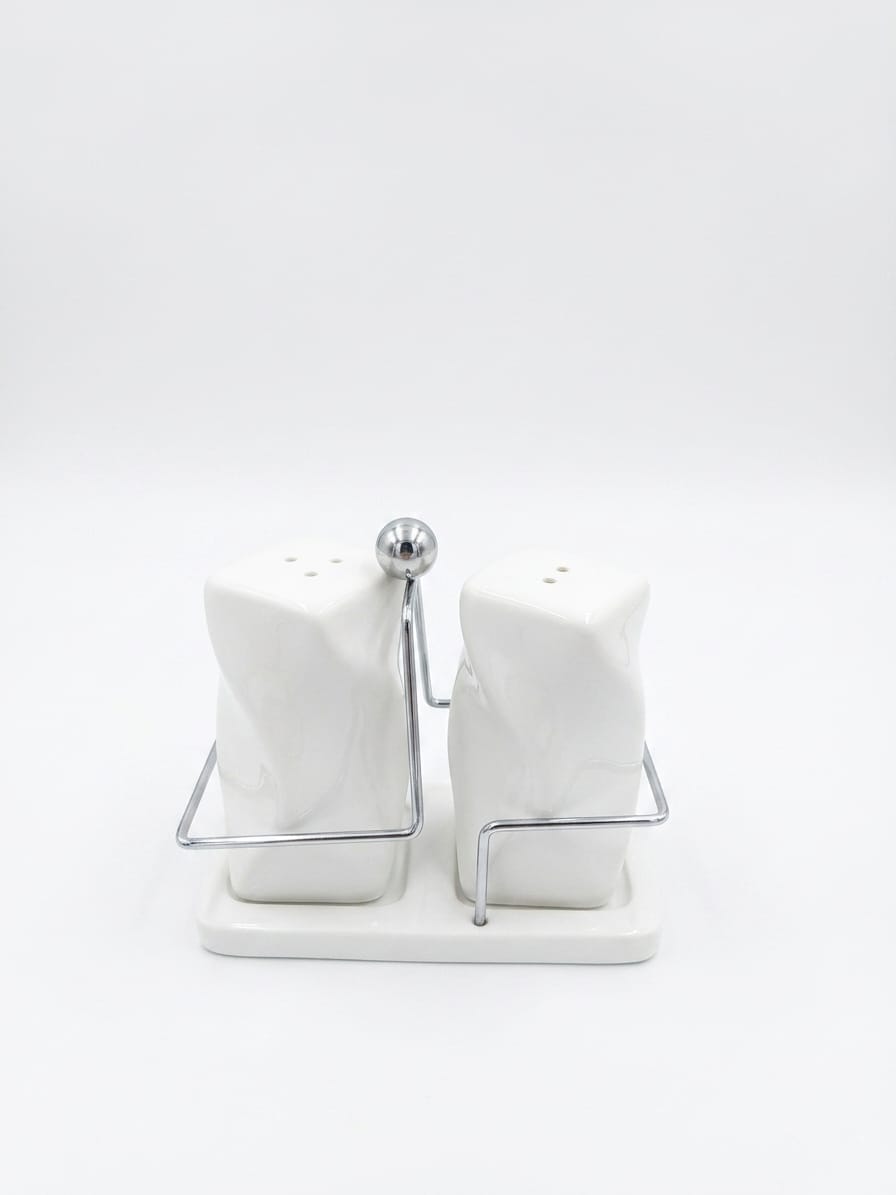 Angular White Ceramic Salt & Pepper Shaker Set with Chrome Ball Rack & Bamboo Base