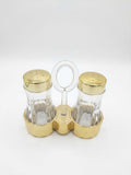 Glass Salt & Pepper Shaker Set with Gold Dome Lids & Gold Stand