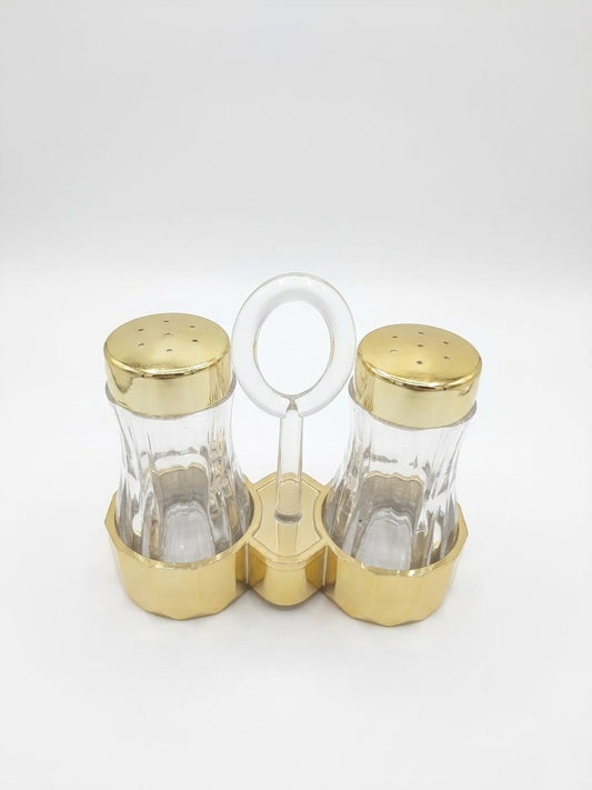Glass Salt & Pepper Shaker Set with Gold Dome Lids & Gold Stand