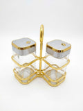 Square Glass Salt & Pepper Shaker Set with Silver Lids & Gold Wire Stand