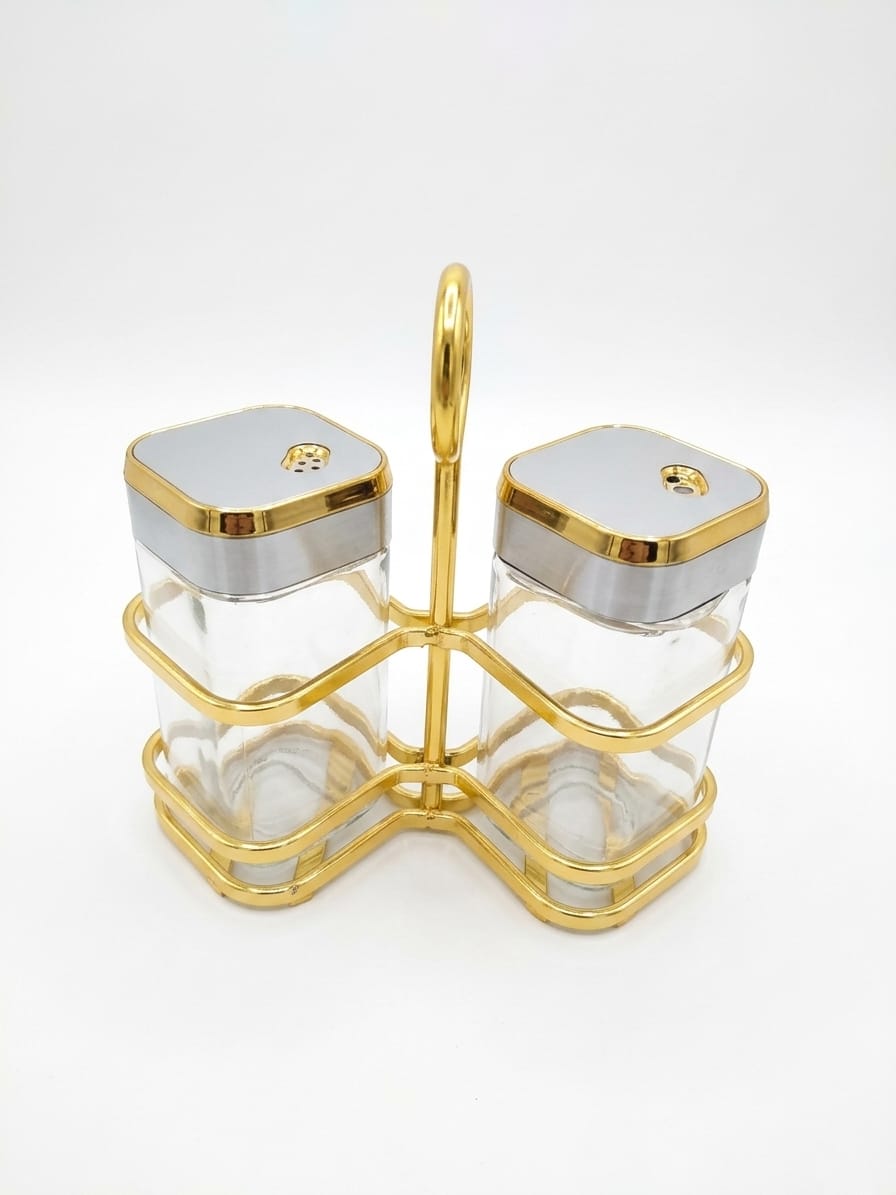 Square Glass Salt & Pepper Shaker Set with Silver Lids & Gold Wire Stand