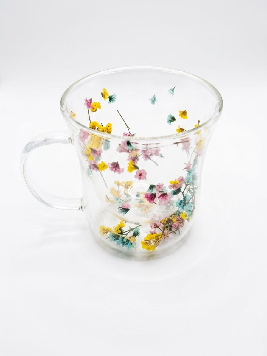 Floral Glass Mug – Double Wall with Preserved Flowers
