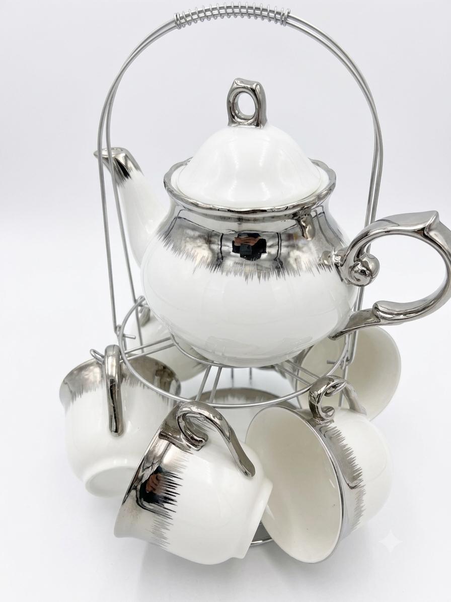 Silver ceramic tea and coffee set with stand