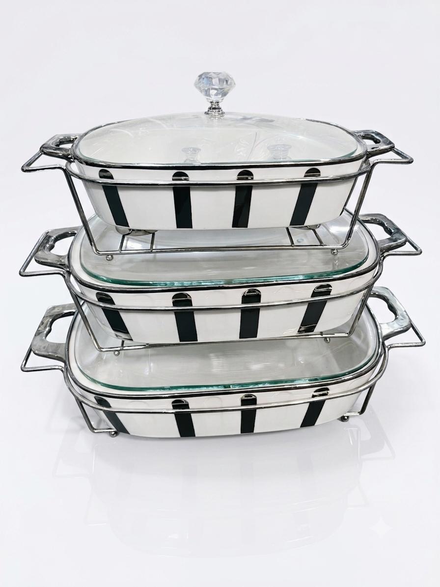 3-tier ceramic buffet set with glass lids and chrome stands
