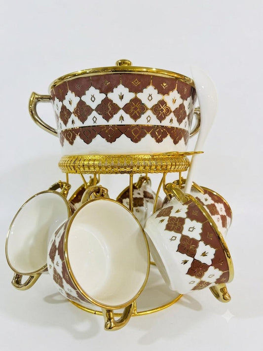 Gold and brown ceramic soup set with stand and 6 cups