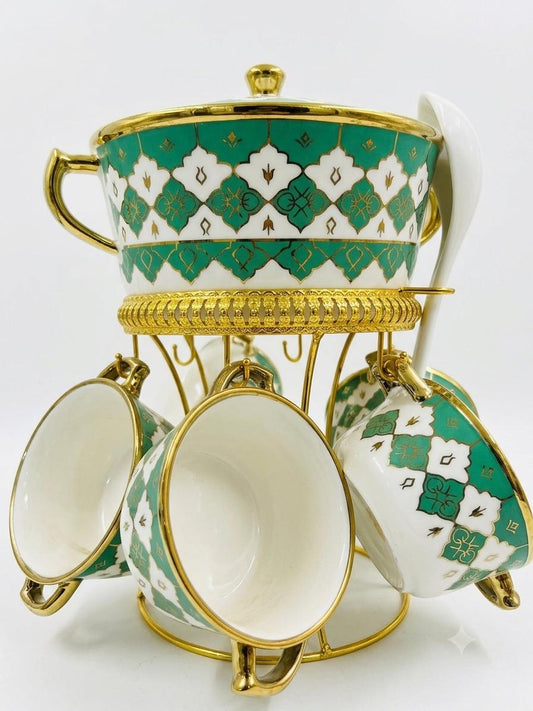 Green and gold ceramic soup set with stand and 6 cups